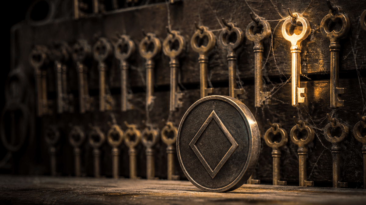 A key rack holding dozens of dusty brass keys, one of them freshly polished, with a metal coin bearing a diamond-shaped symbol in front of it