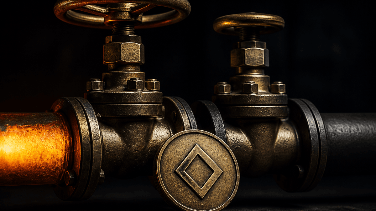 Two brass valves on a metal pipe, one wide open, one almost closed, with a metal coin bearing a diamond-shaped symbol in front of them