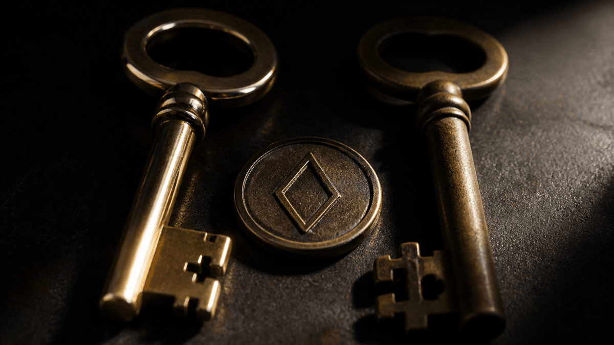 Two brass keys with different bit shapes on dark steel, with a minted coin bearing a diamond-shaped symbol between them