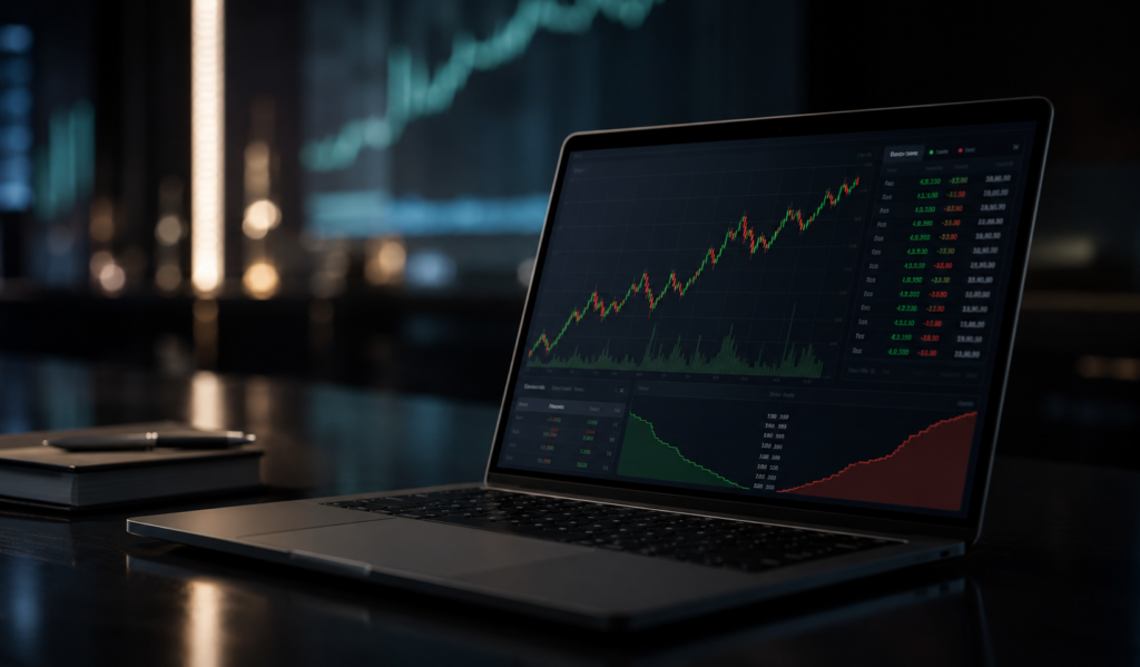computer with line graph in front of window