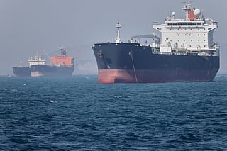 Oil tankers sit at anchor offshore in the Strait of Hormuz off Bandar Abbas, Iran, Saturday, May 2, 2026. On Tuesday (September 1), the drone-and-missile attacks launched by the Iranian regime against commercial ships in the Strait of Hormuz that were then shot down also indicate better coordination within the Central Command structure on countering such attacks.