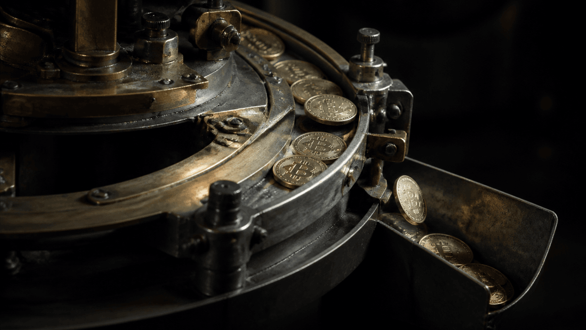 Mechanical brass coin sorting machine, bitcoin coins rolling down the chute, some of them dropping sideways into a collecting tray