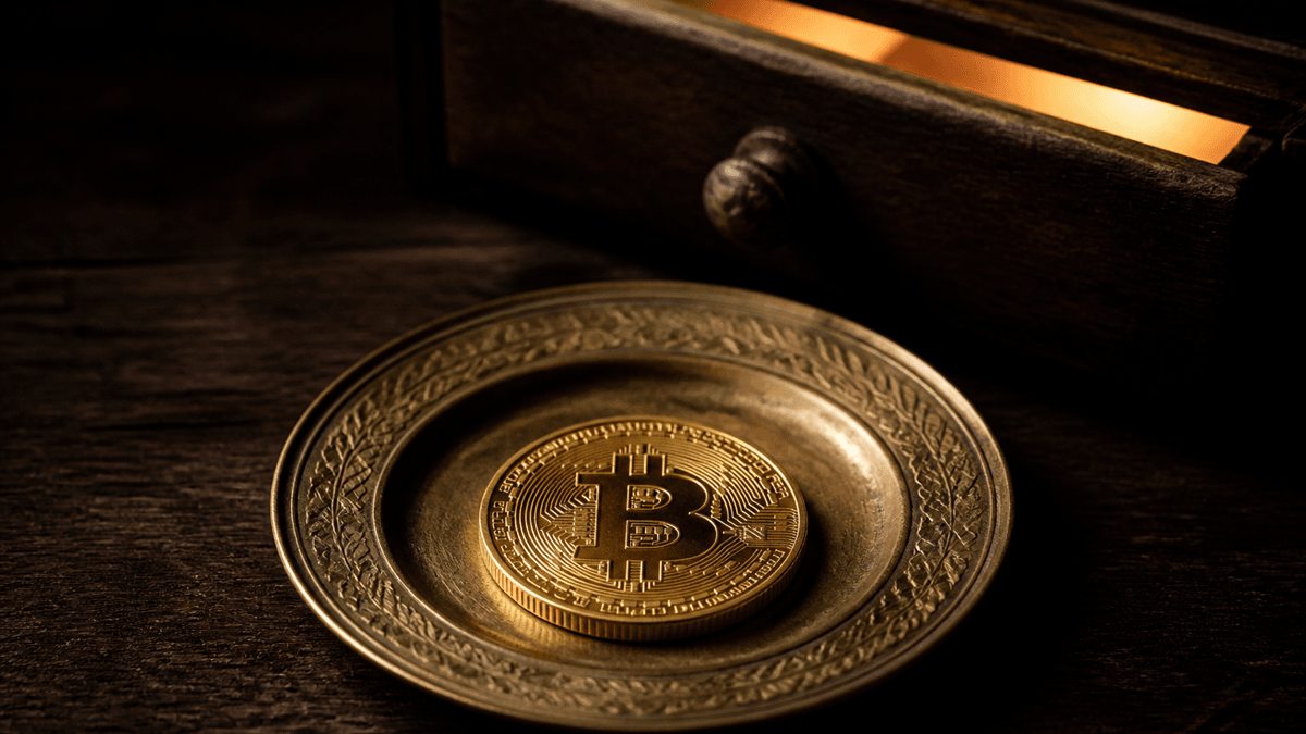 Engraved brass payment tray on dark wood with a bitcoin coin, a half-opened drawer behind it