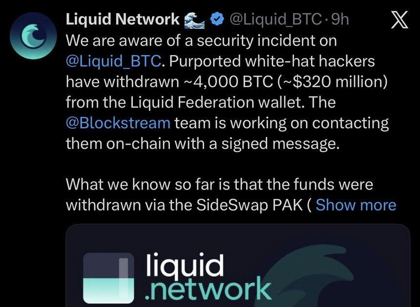 Liquid Network Pauses After 4,000 BTC Withdrawal From Federation Wallet Over $320 Million