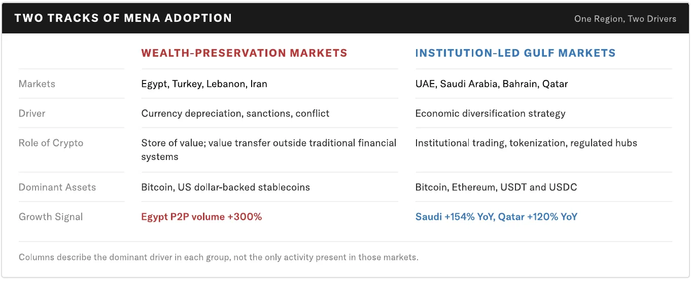 Two paths of cryptocurrency adoption in MENA. Source: Bitcoin Policy Institute.