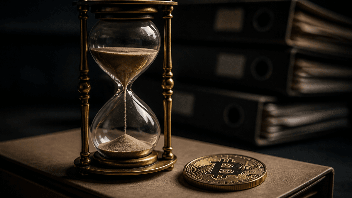 Brass hourglass with sand running through it on a file folder, next to it a coin with an embossed Bitcoin symbol lying flat