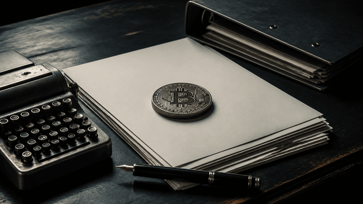 Dark desk with a stack of blank form sheets, a mechanical adding machine, a fountain pen and a coin with a Bitcoin symbol resting on top