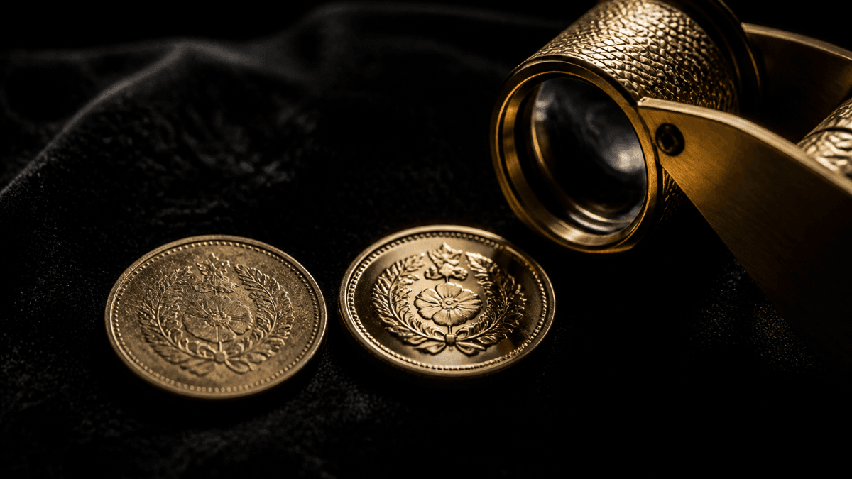 Two nearly identical gold coins on black velvet, the right one freshly minted, beside a brass jeweller's loupe