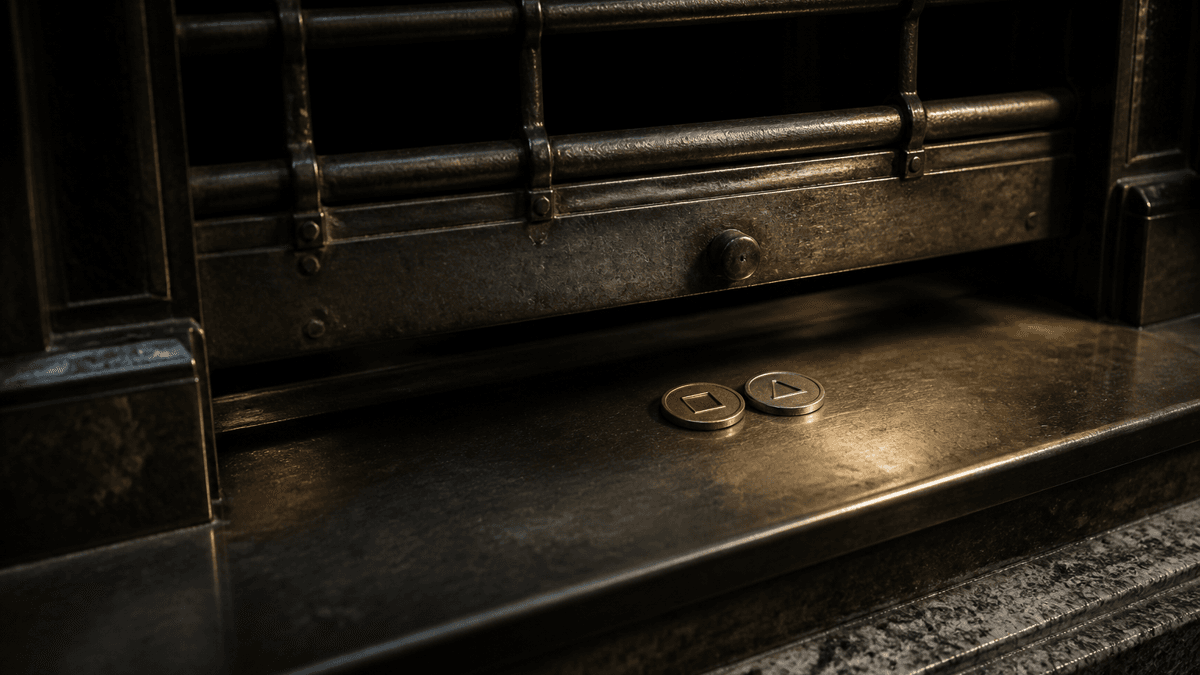 Half-lowered metal roller shutter above a counter, with two small coins bearing geometric embossing underneath