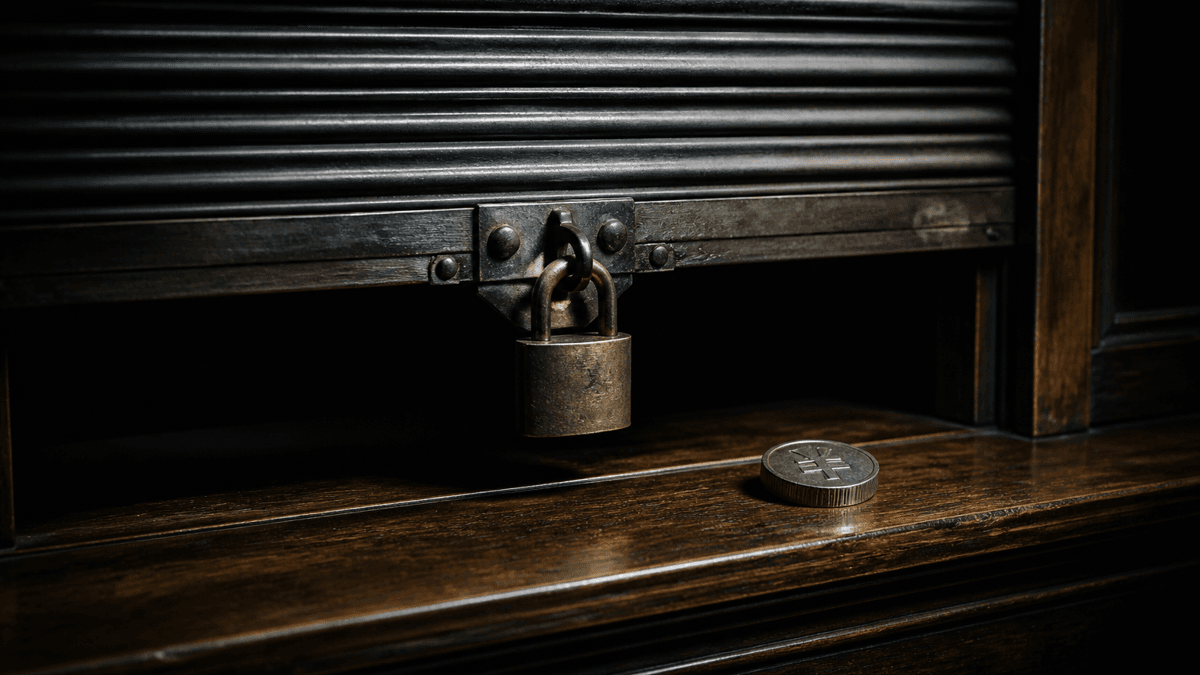 A bolted metal roller shutter with a padlock over a bank counter, a single metal coin lying on the counter in front of it