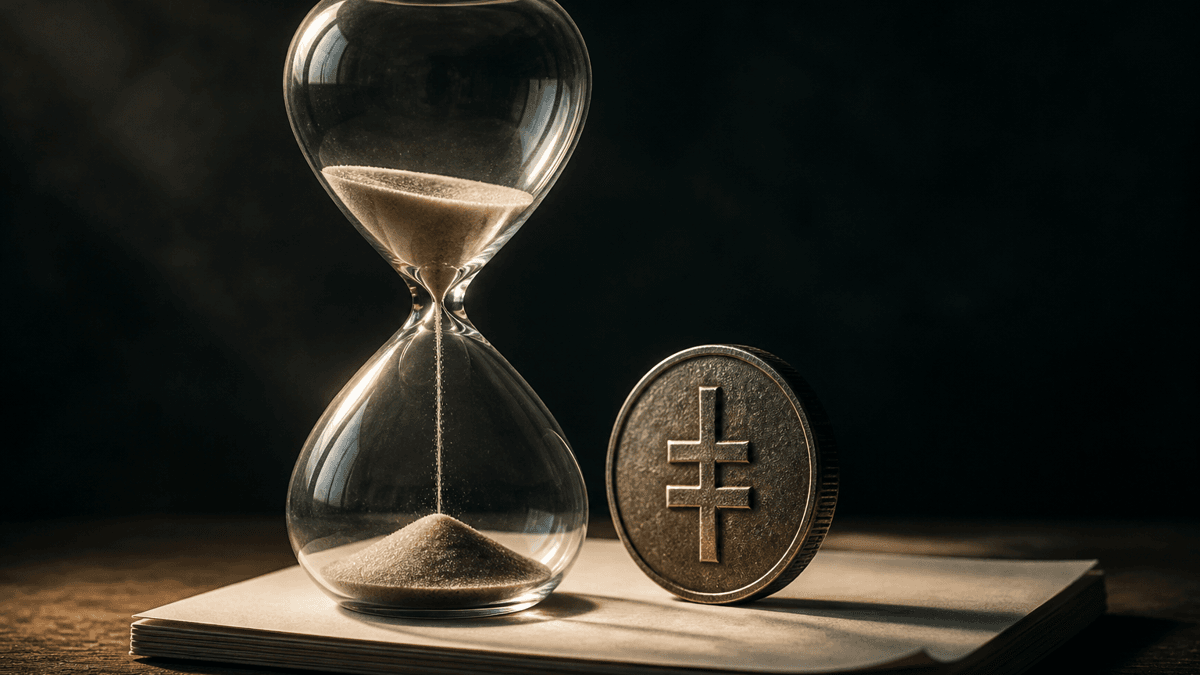 A glass hourglass with sand trickling through on a blank calendar page, an upright metal coin standing beside it