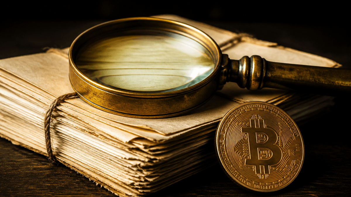 Brass magnifying glass over a thick stack of bound contract pages, beside it a coin with an embossed Bitcoin symbol