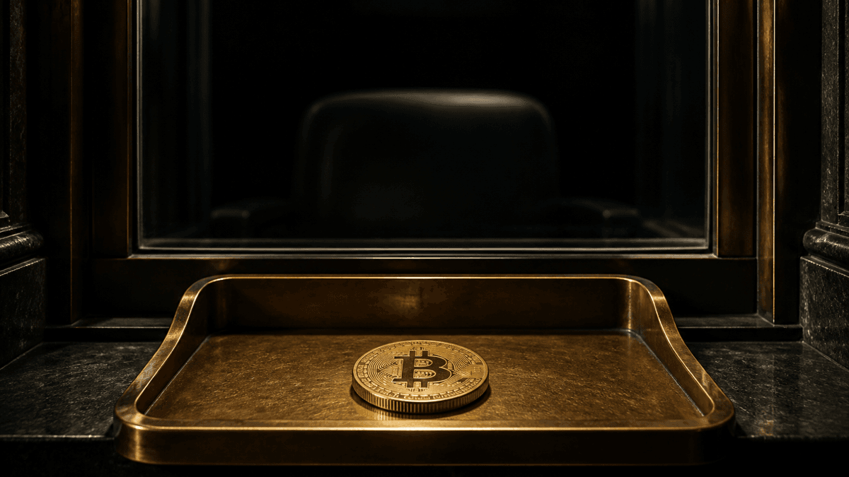 Closed bank counter behind armoured glass with an empty chair behind it, a coin with an embossed Bitcoin symbol on the ledge
