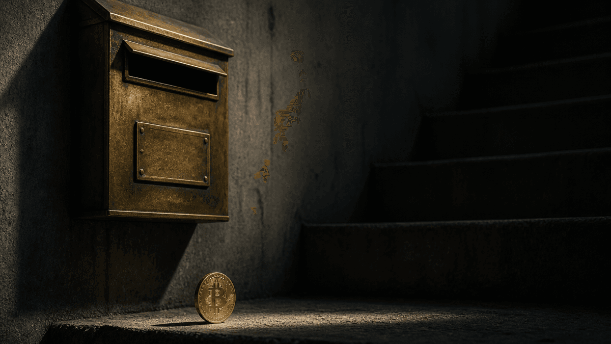 Massive brass letterbox with a blank nameplate on a bare concrete wall in a dark stairwell, an upright Bitcoin coin on the step in front of it