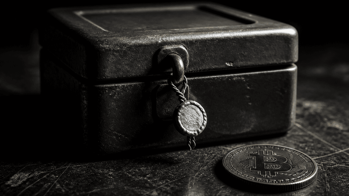 Sealed steel cassette with an intact lead seal on twisted wire on a dark workbench, a Bitcoin coin beside it