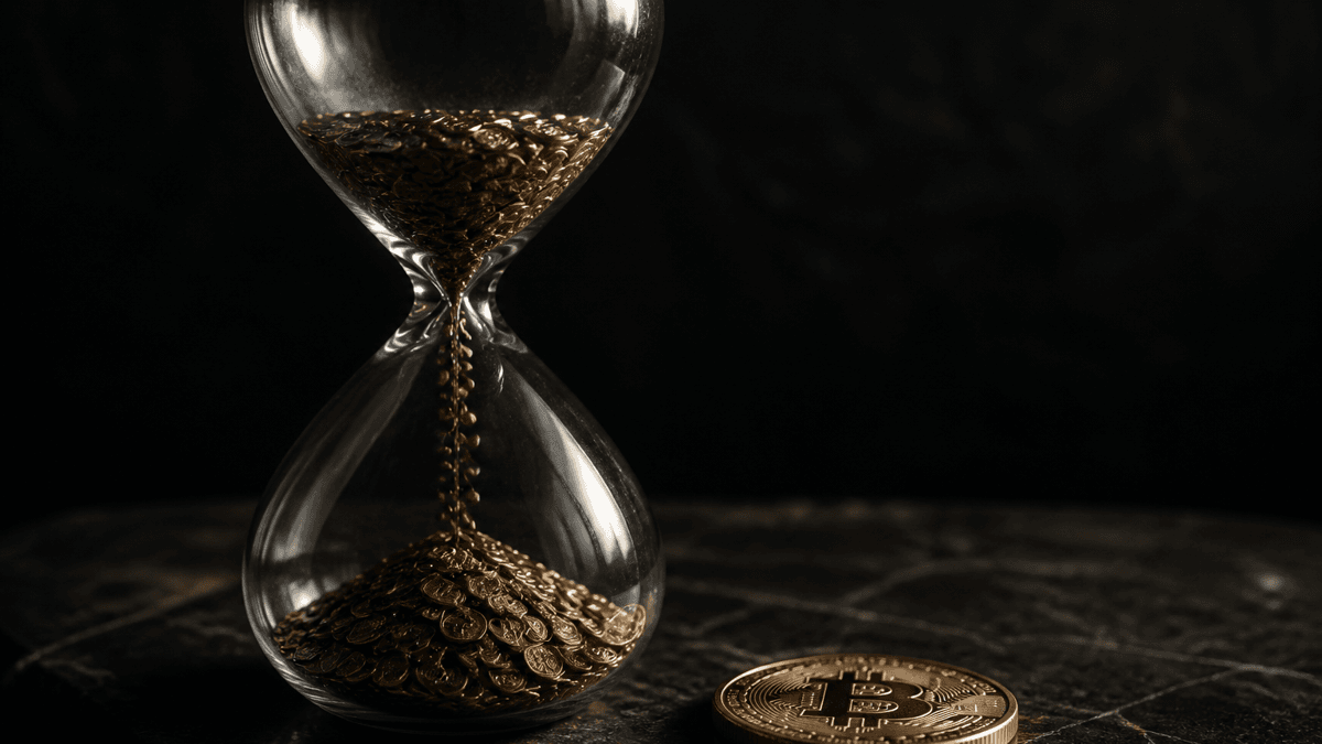 Glass hourglass through whose neck gold coins bearing the Bitcoin symbol trickle instead of sand and pile up below, beside it a single large coin on dark stone