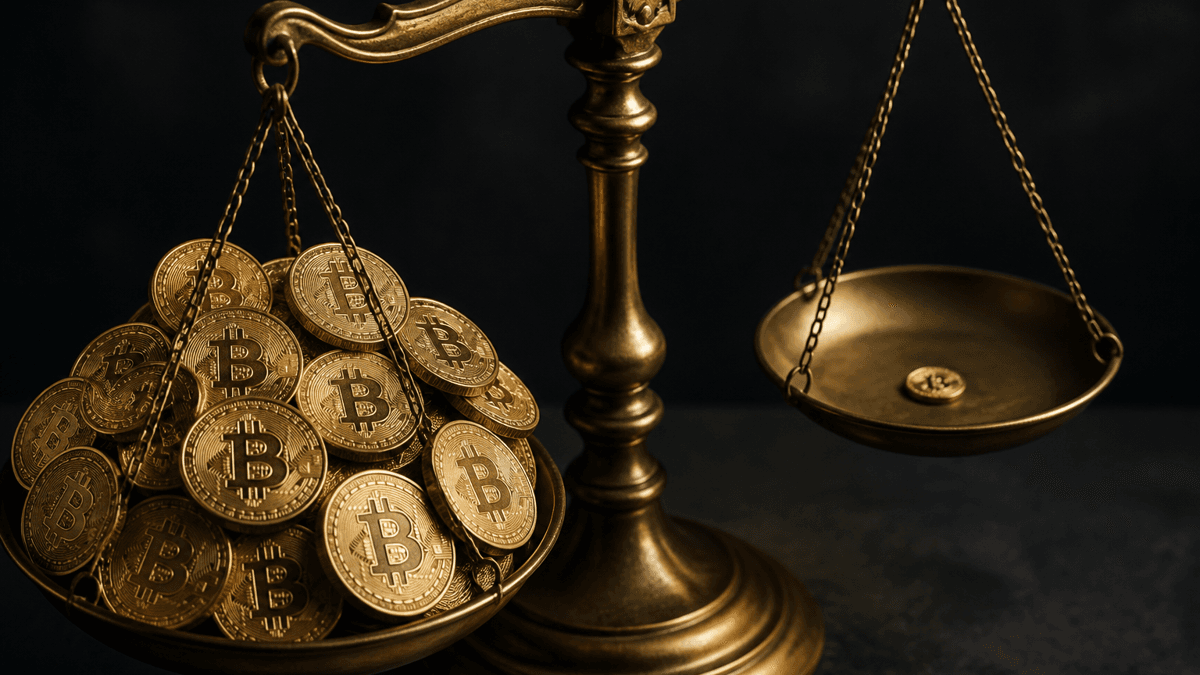 Close-up of an antique brass balance scale: the left pan overflows with gold coins bearing the Bitcoin symbol, the right pan carries only a single small coin