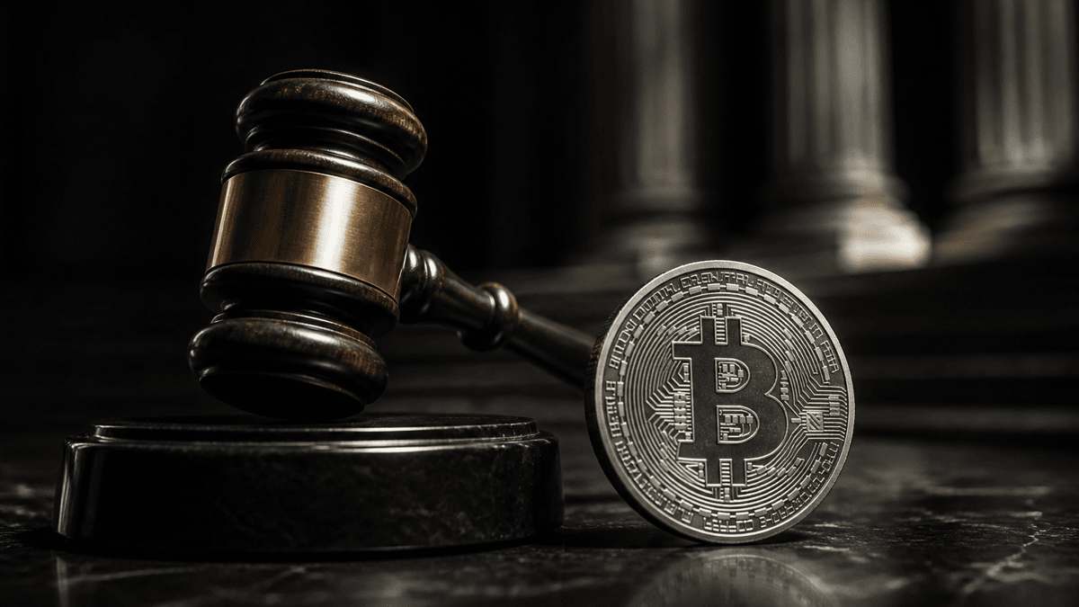 Wooden judge's gavel on a dark stone base next to a silver coin bearing the Bitcoin symbol