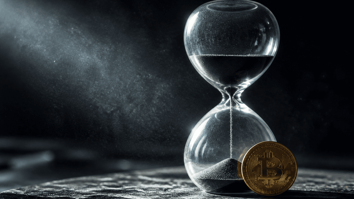 Crystal-clear hourglass with dark sand almost run through, next to a coin bearing the Bitcoin symbol