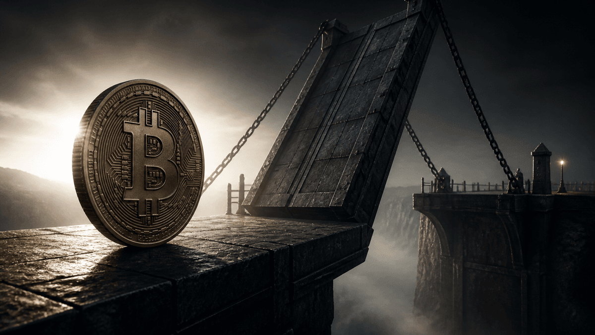 Steel drawbridge over a misty gorge with its centre section raised on heavy chains, a coin bearing the Bitcoin symbol standing on edge in front of it