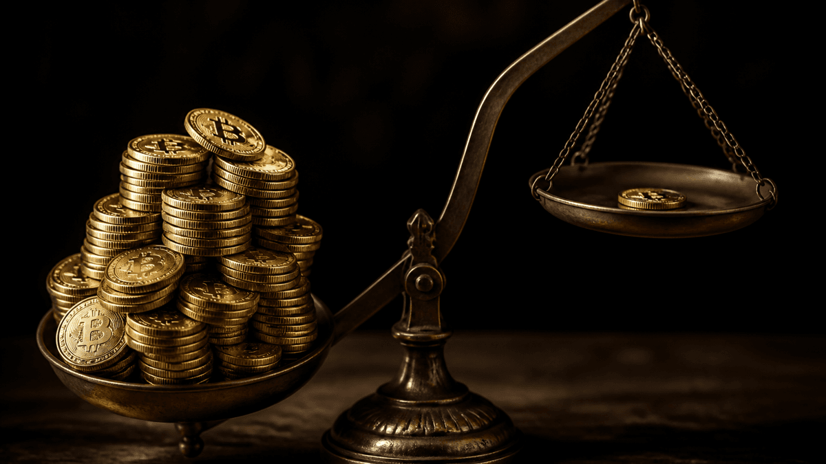 Antique brass balance scale, a tall stack of gold coins bearing the Bitcoin symbol on the left, a single small coin on the raised pan on the right