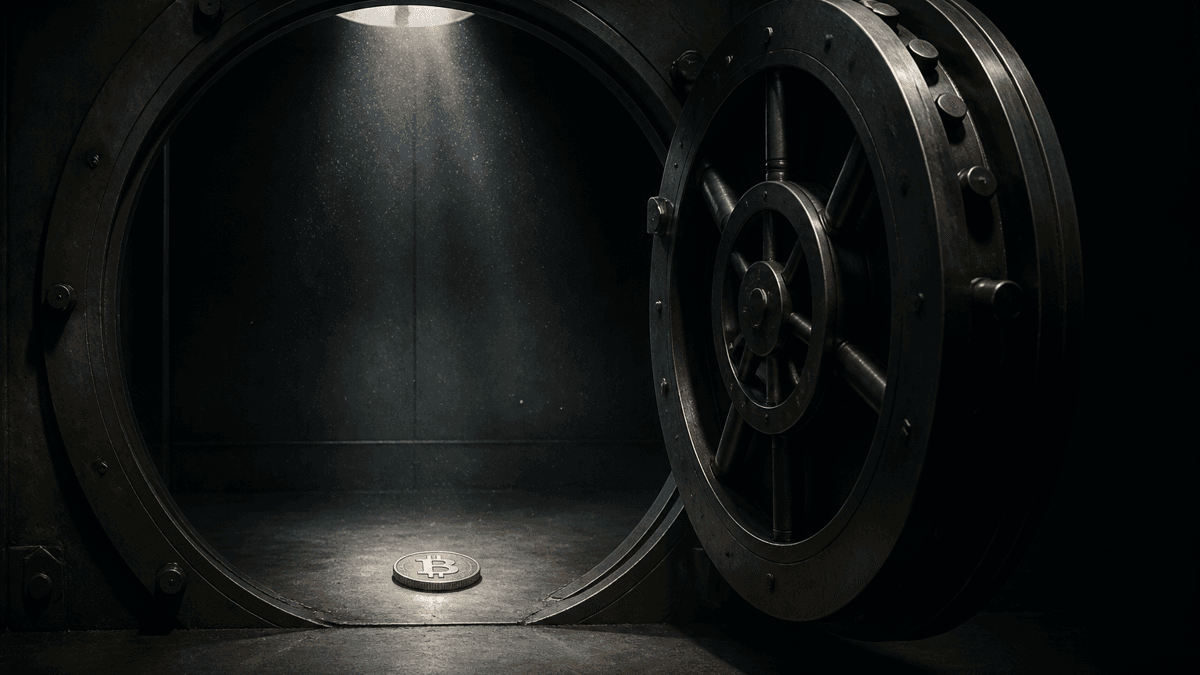 A wide-open steel vault room, almost entirely cleared out, with a single Bitcoin coin lying on the floor in a shaft of light