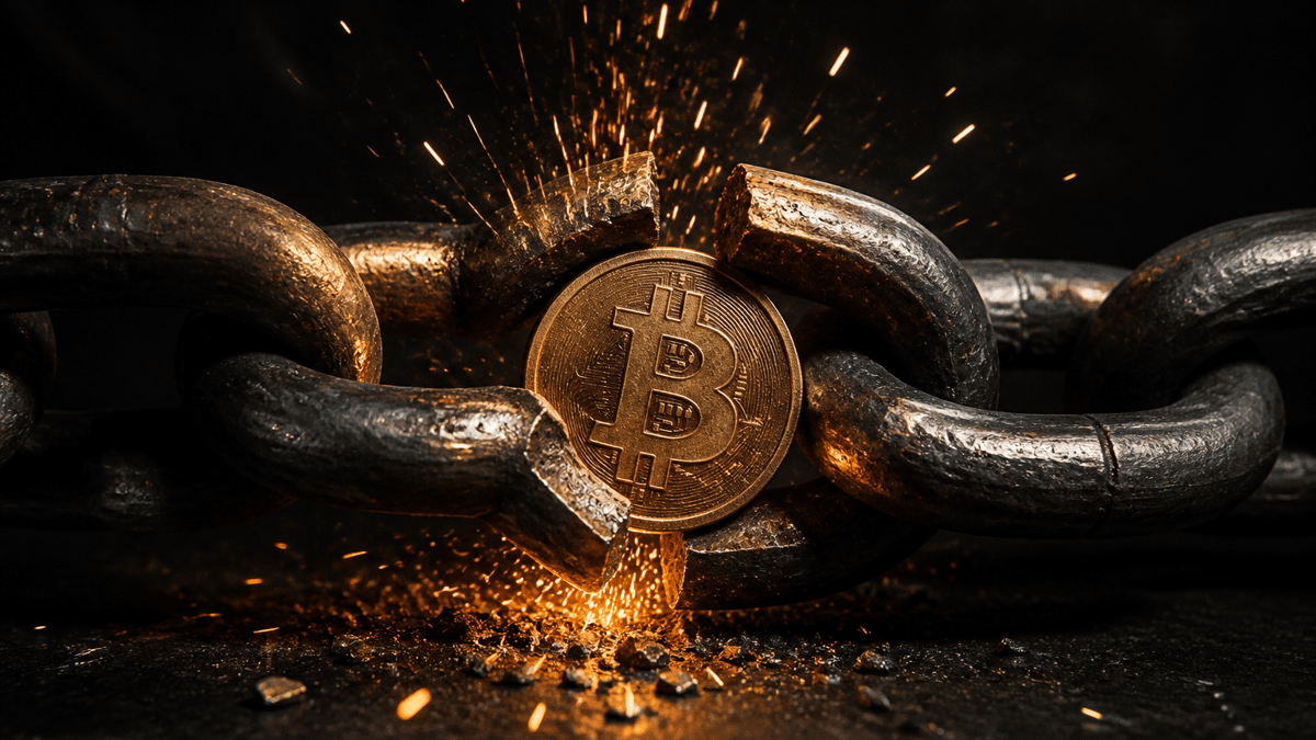 A heavy anchor chain running across the frame with a single burst link, and a Bitcoin coin wedged in the break