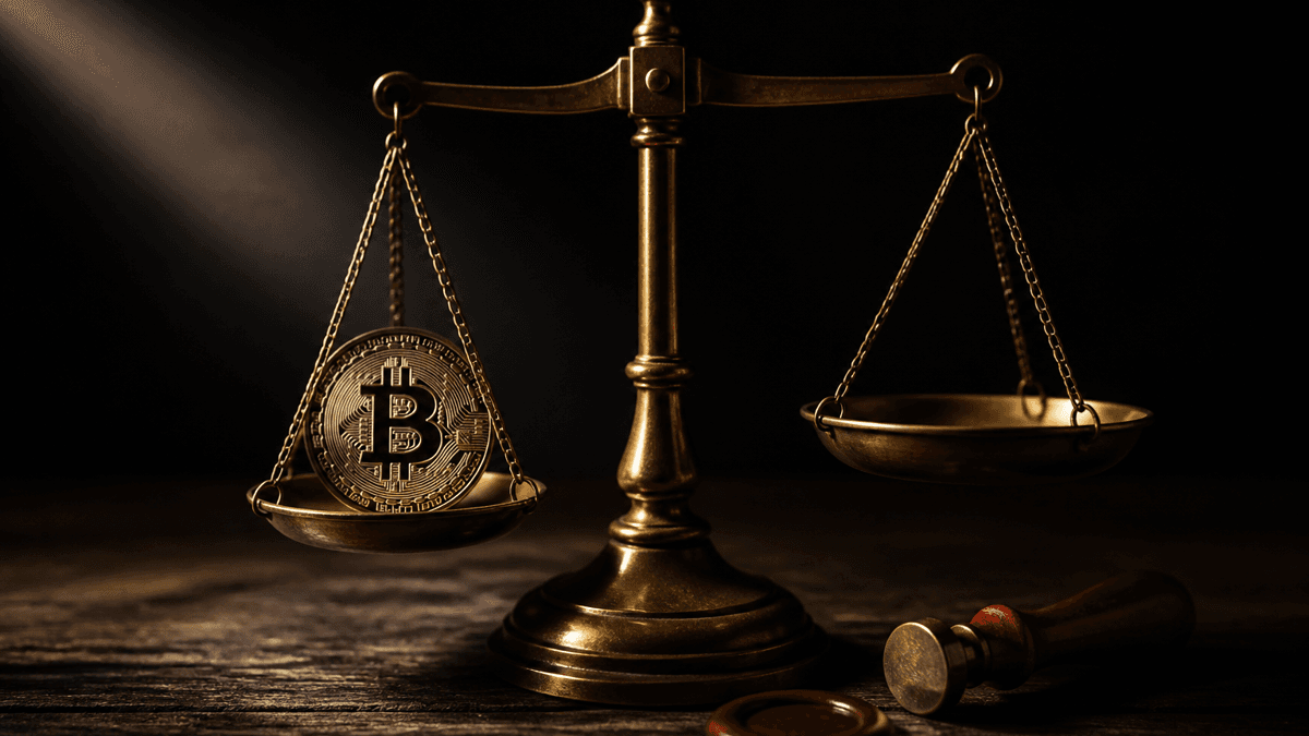 Brass scales of justice on dark wood next to a red wax seal, with a metal coin bearing an embossed bitcoin symbol in one of the pans