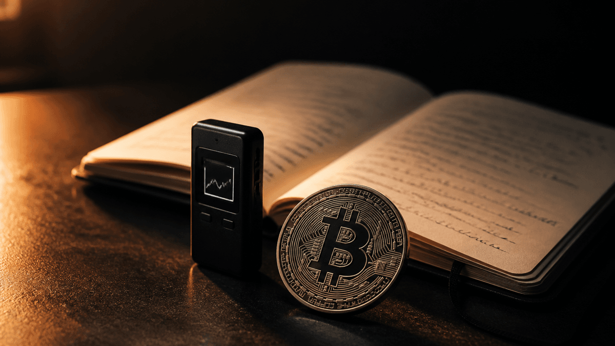 Desk scene without a person: a small matte black metal device with a tiny screen lies next to a notebook and a metal coin with an embossed bitcoin symbol
