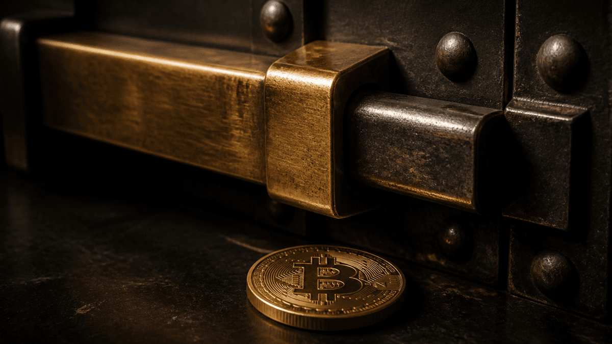 Massive brass bolt of a bank vault engaging a steel pin, with a coin bearing the Bitcoin symbol lying flat in front of it on black stone