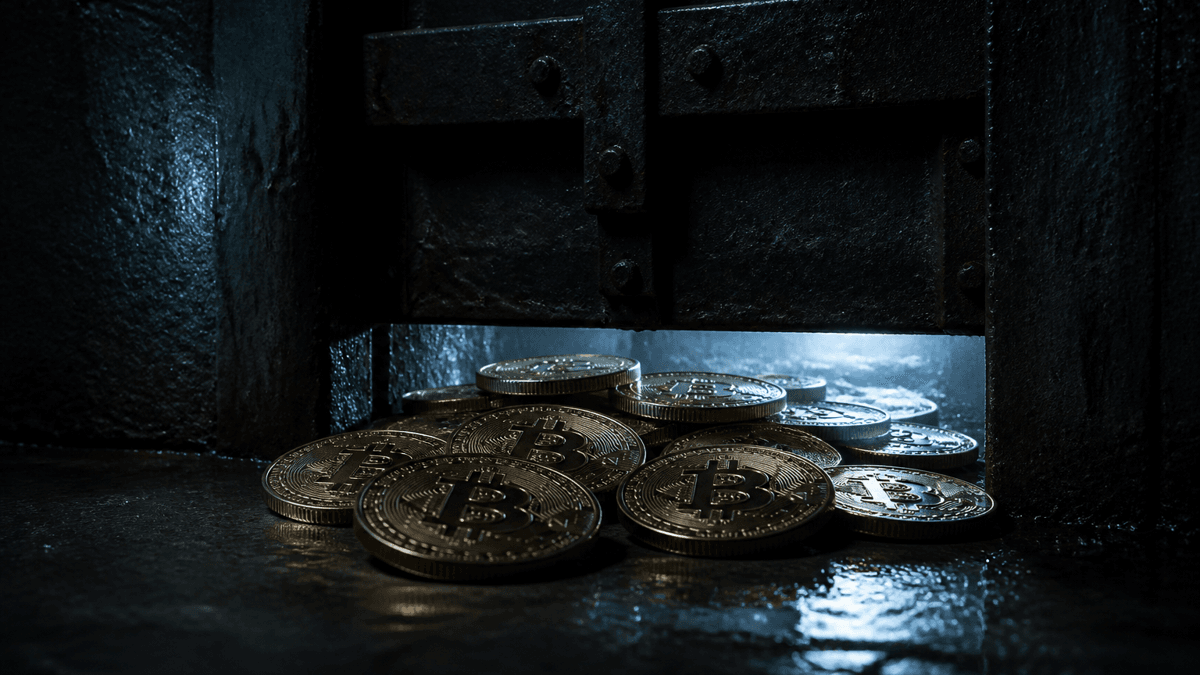 Half-lowered steel sluice gate in a wet concrete tunnel, with tightly packed coins bearing the Bitcoin symbol banking up in front of the narrow gap