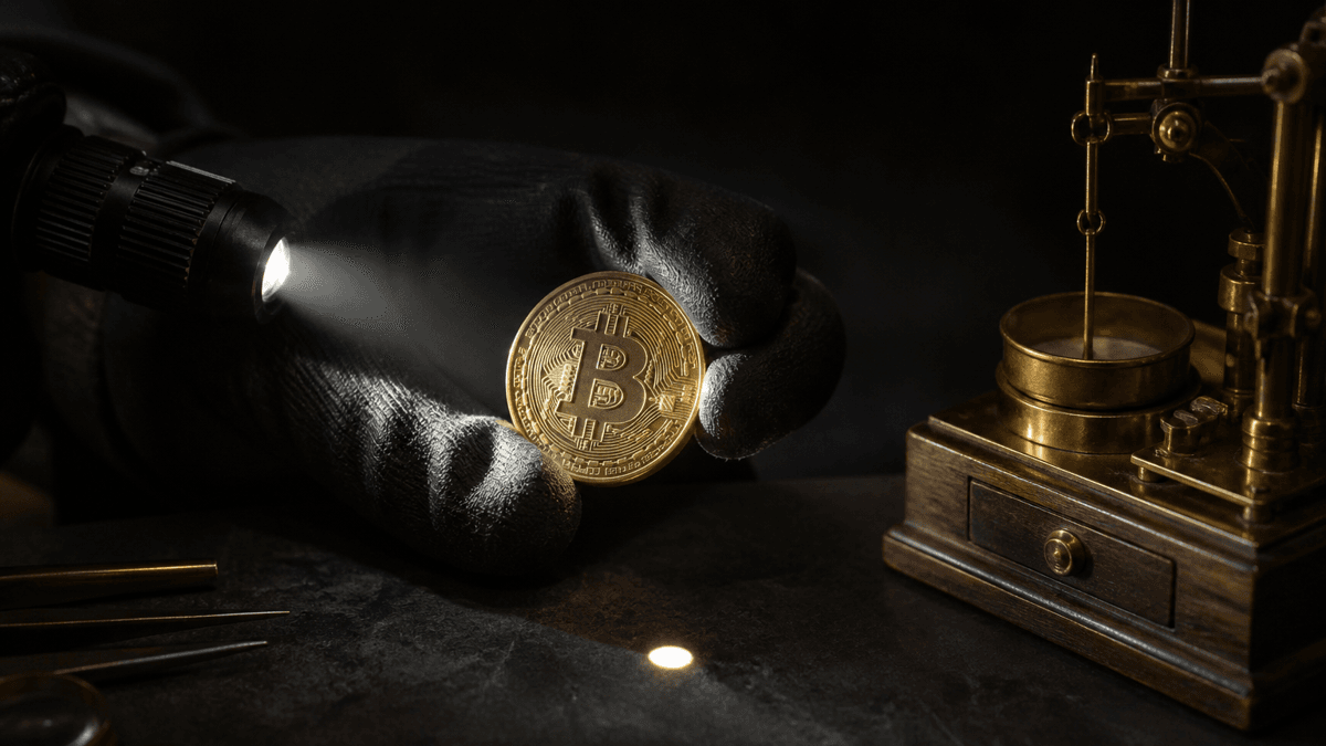 Gloved hand holding a Bitcoin coin up to an inspection lamp, the light passing through a fine bore, a precision balance beside it