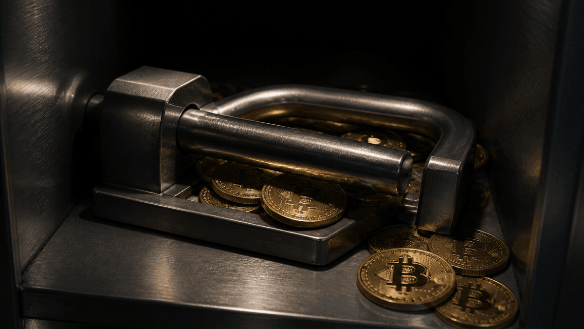 A closed steel clamp pinning a heap of Bitcoin coins inside a vault compartment, a smaller portion lying loose beside it