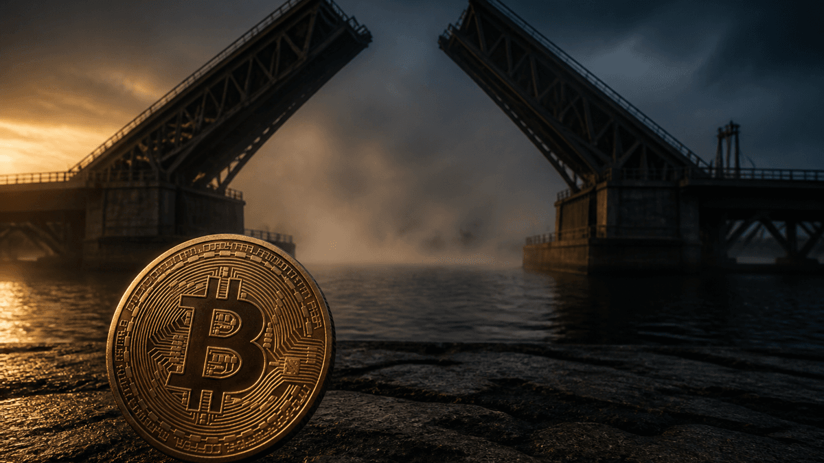 Raised steel drawbridge parted in the middle over dark water, with a physical coin in front of it