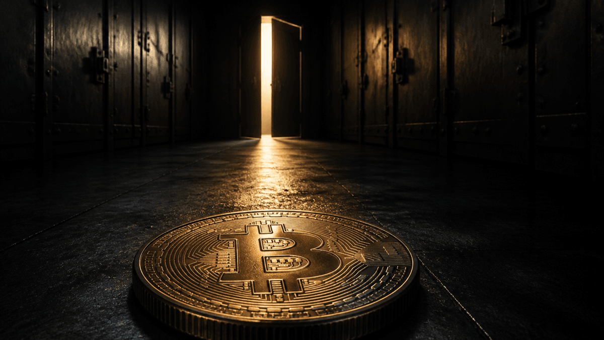 Dark corridor lined with firmly closed metal doors, only a narrow door at the end standing open and casting warm light onto a physical coin