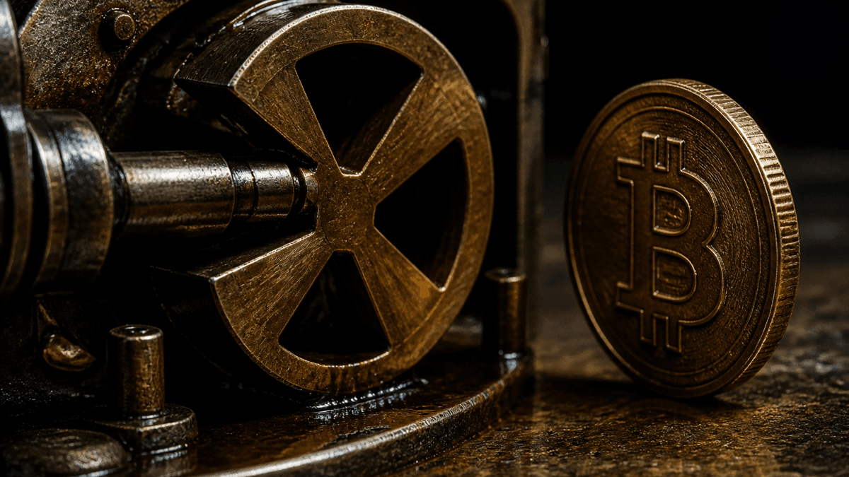 Macro shot of a Geneva drive of brass and steel, the drive pin just short of the next slot, beside it a coin standing on edge bearing a Bitcoin symbol