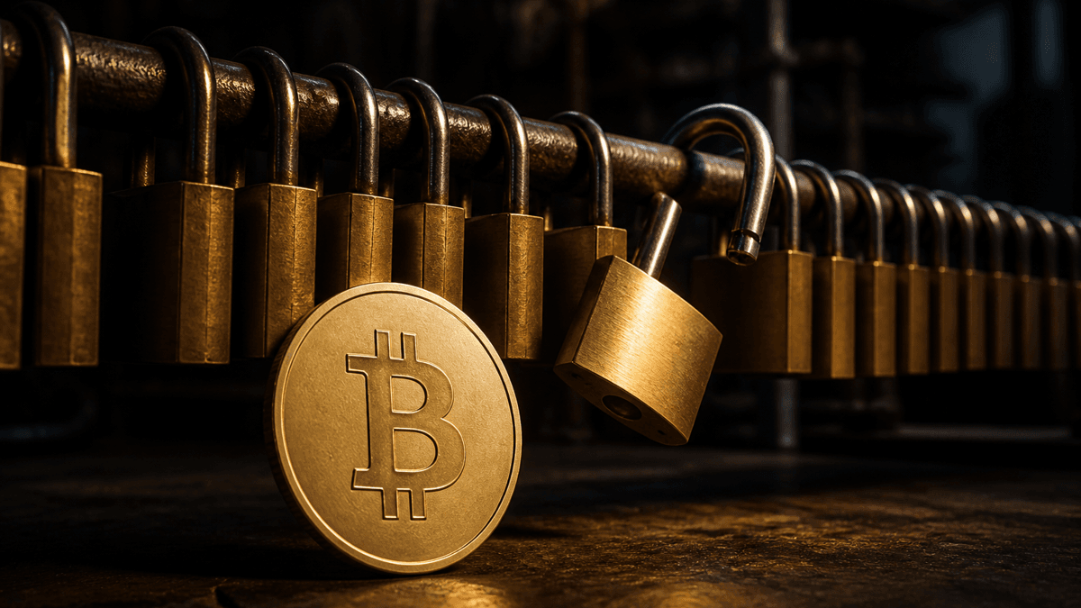 Long iron bar hung with closely spaced closed brass padlocks, a single one of them open, with a coin bearing a Bitcoin symbol in front