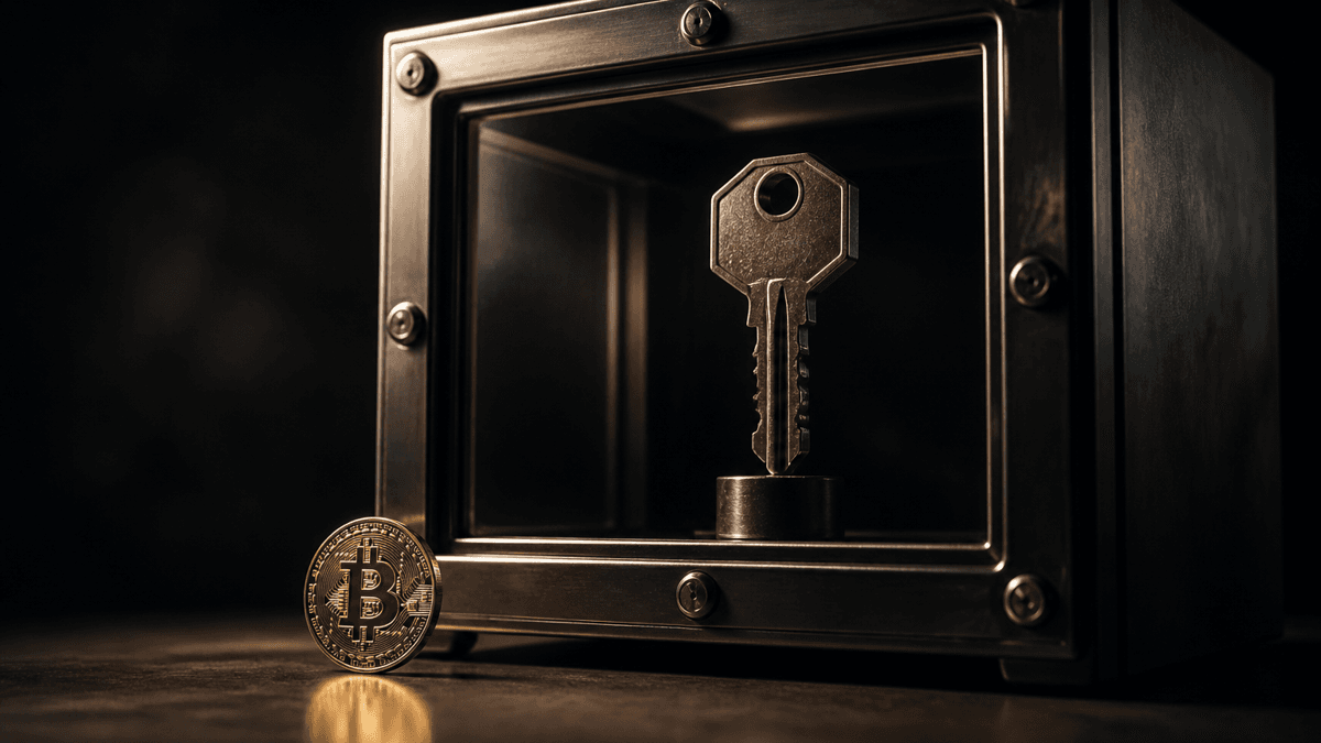 Single metal key behind armoured glass in a glazed steel box, with a physical coin bearing the Bitcoin symbol in front of it