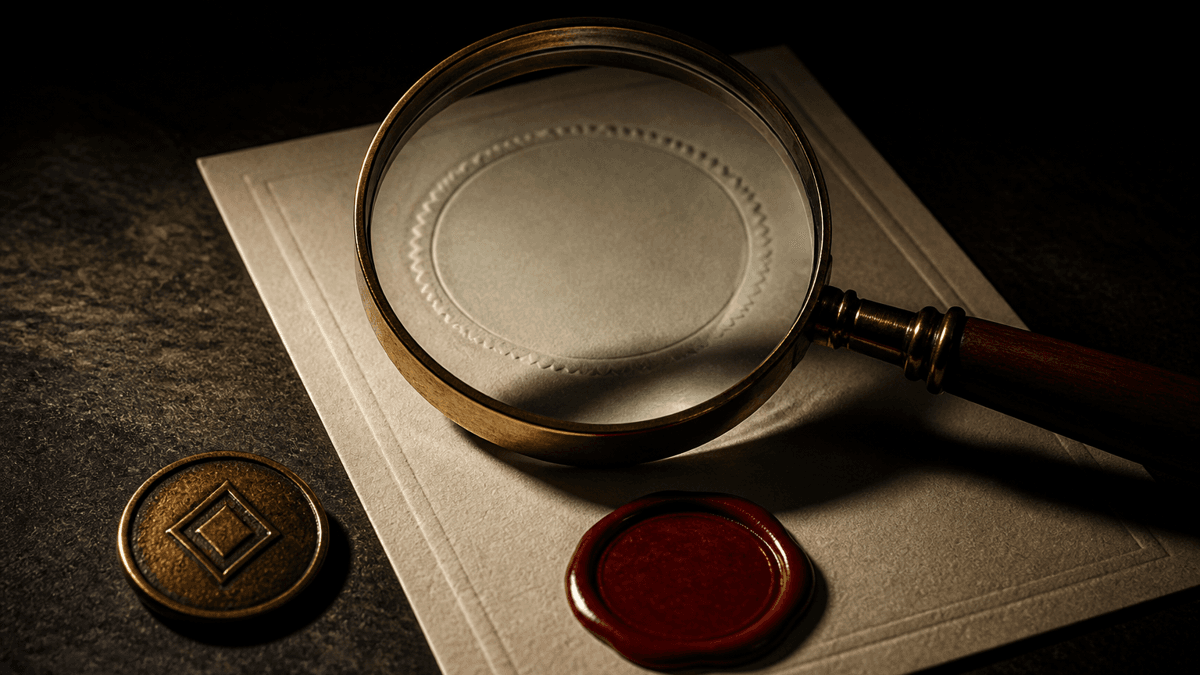 Magnifying glass over a blank embossed official document with a red wax seal, next to a coin with a diamond-shaped symbol
