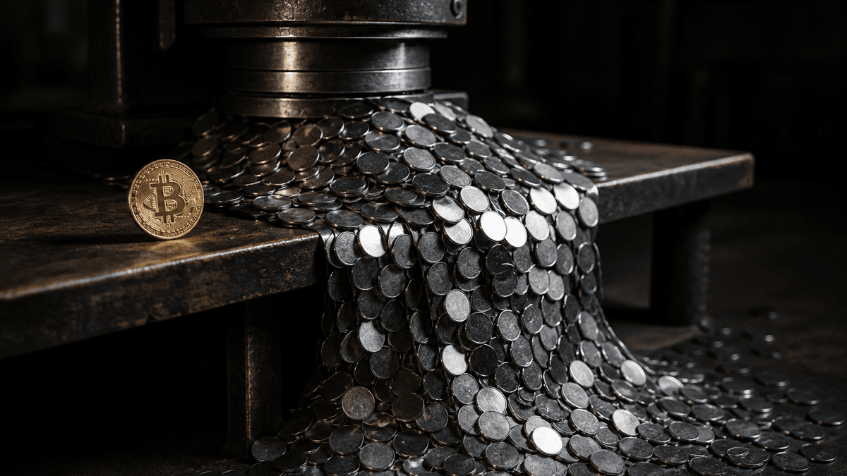 An old steel minting die on a dark workbench with a flood of blank metal discs spilling out beneath it, next to a real coin bearing the Bitcoin symbol