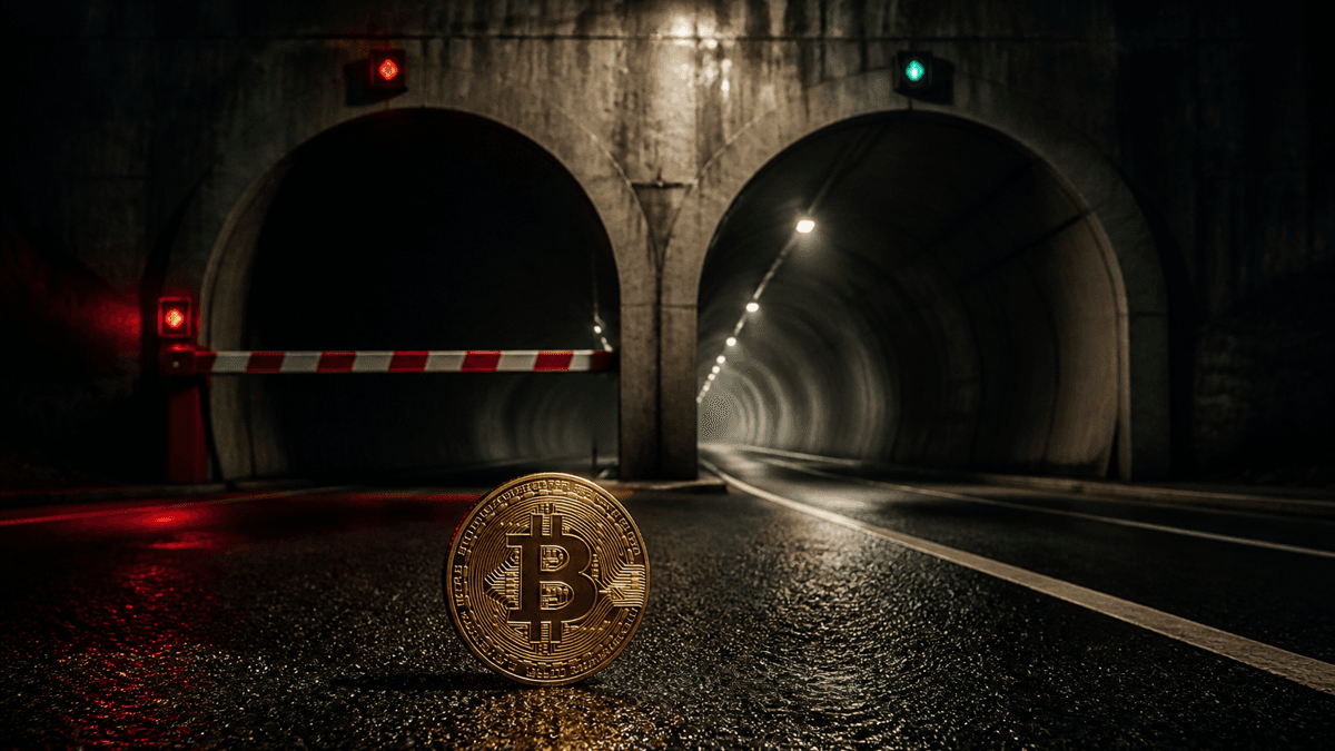 A tunnel portal at night, the left lane closed off by a red and white barrier and the right lane open, with a coin standing upright and bearing the Bitcoin symbol in the foreground
