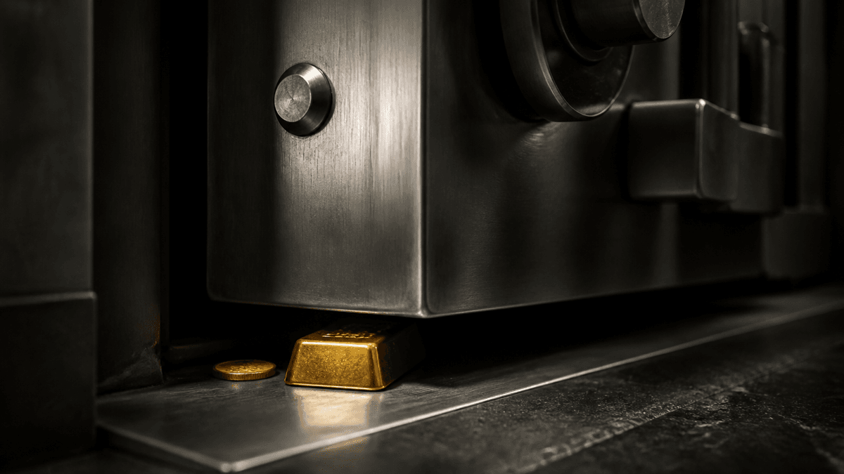 Closing steel vault door with a small gold bar and a gold coin lying in the narrow gap
