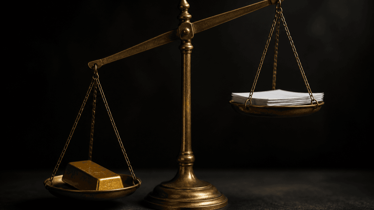 Two-pan brass scale out of balance, a gold bar against a stack of blank sheets of paper