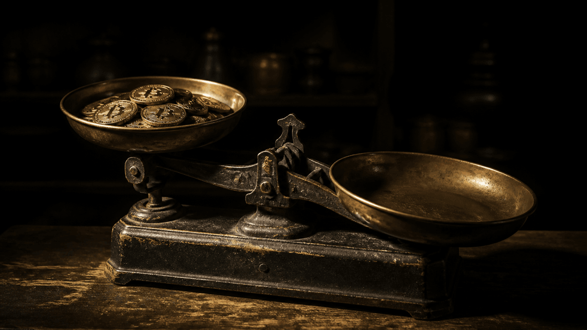 Old cast-iron shop scales with two brass pans, one holding a pile of coins bearing the Bitcoin symbol, the empty pan hanging lower