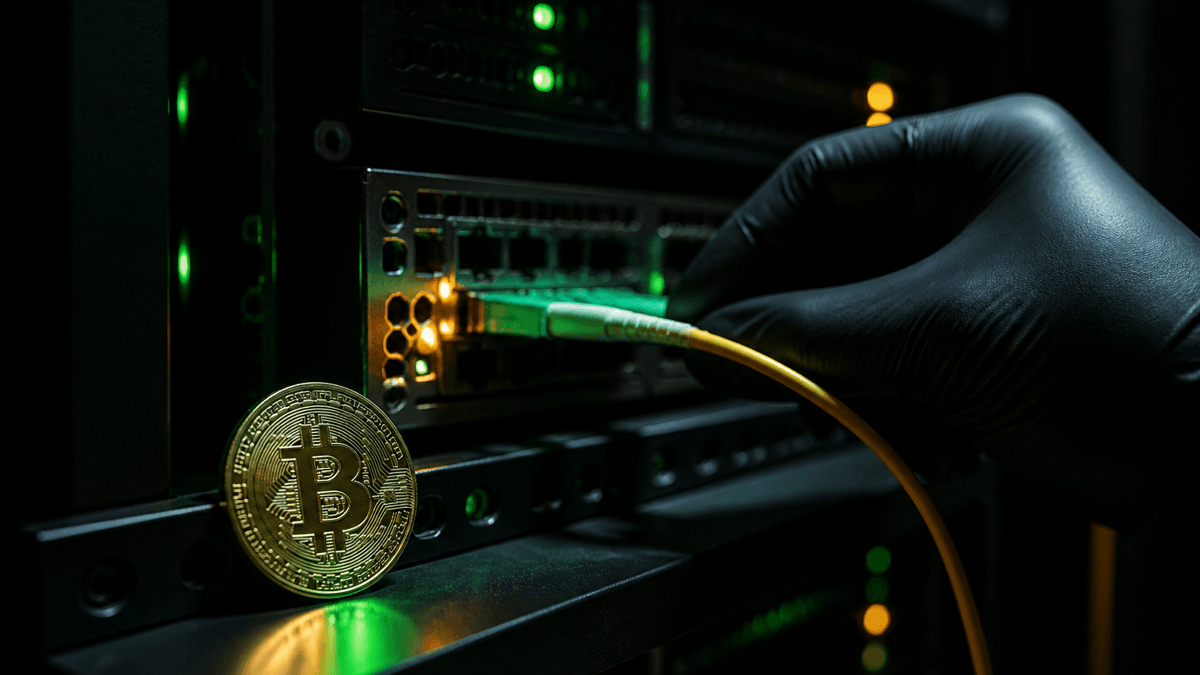 Gloved hand plugging a fibre optic cable into an open server rack, status lights reflected on a metal coin bearing the Bitcoin symbol