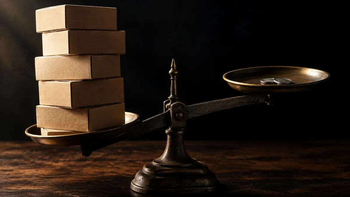 Balance scale with a stack of blank boxes on one side and two coins on the other