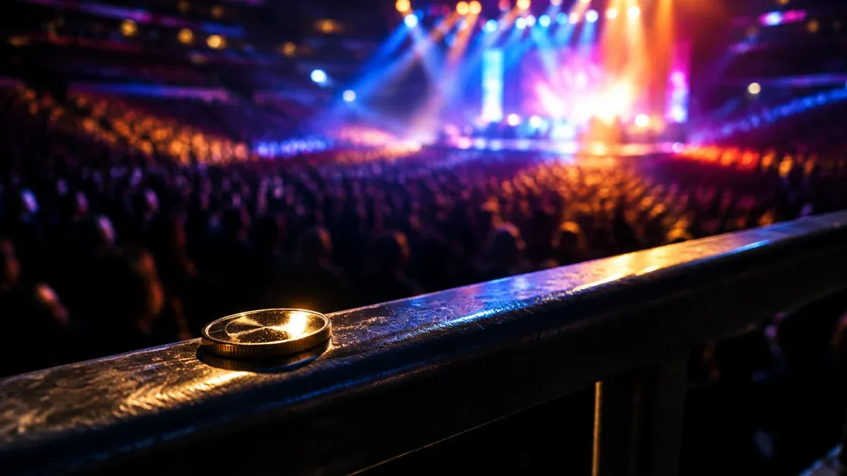 Single coin on a railing in front of a full, softly lit arena