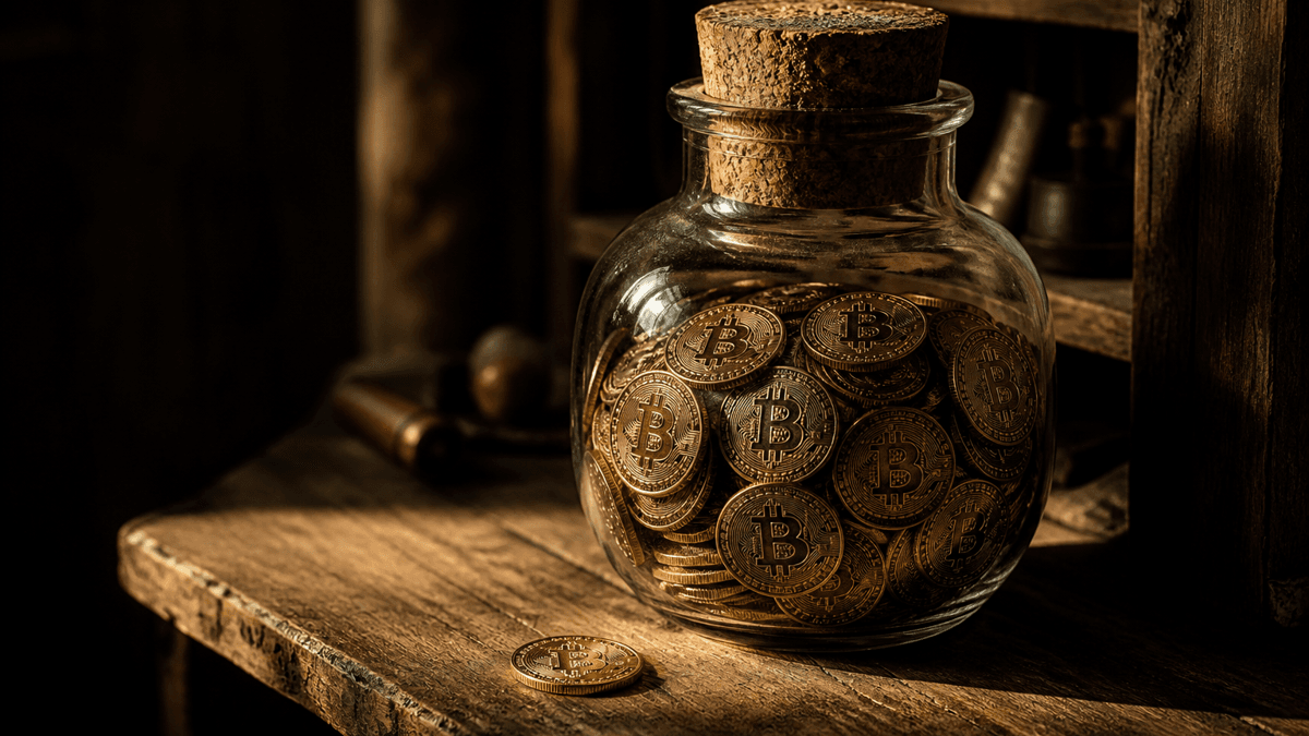 Thick storage jar on a workshop shelf, four fifths full of coins bearing the Bitcoin symbol, sealed with a deeply driven cork, a single loose coin in front of it
