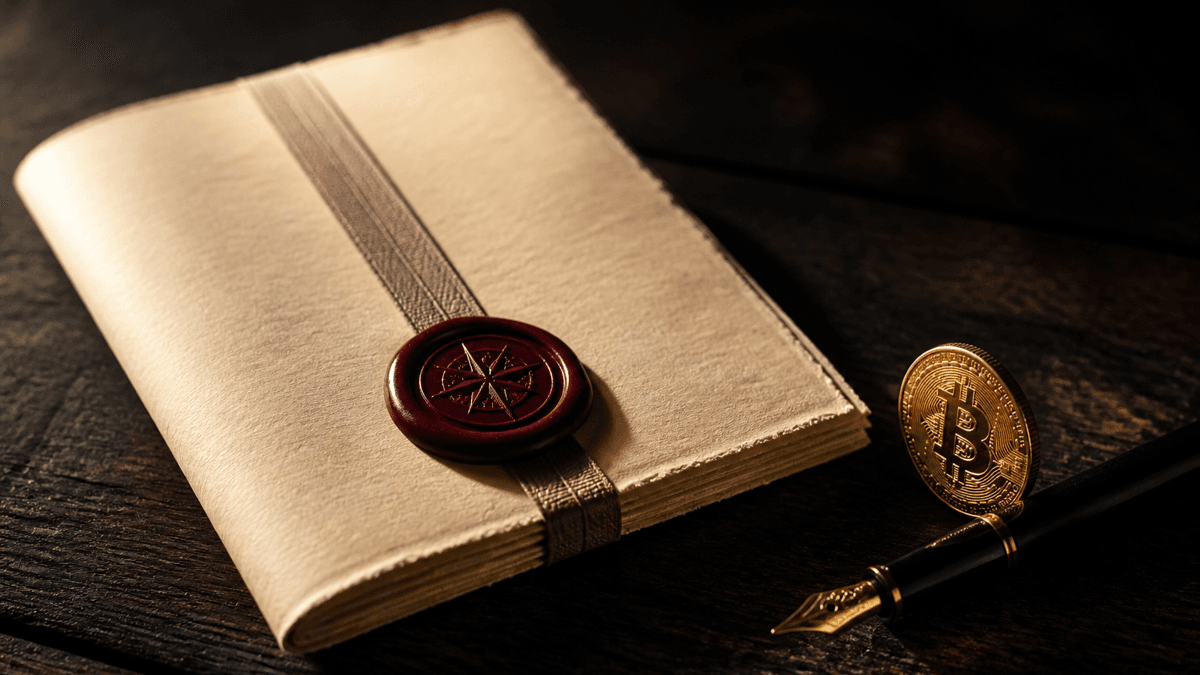 A bundle of blank handmade paper tied and sealed with red wax lies on dark wood, beside it a fountain pen and an upright gold coin bearing the Bitcoin symbol.