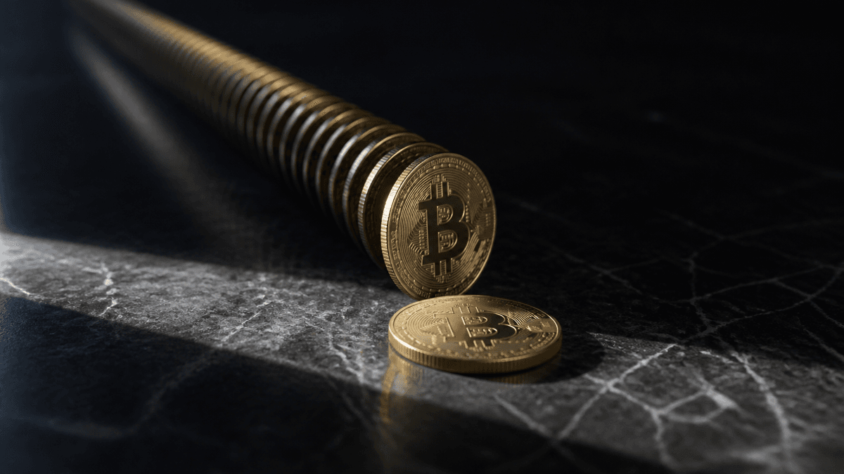 A long row of gold coins bearing the Bitcoin symbol stands on edge and fades into darkness, the front coin lying toppled on the marble floor.